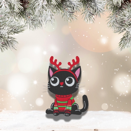 Weihnachtlicher Katzen Aufnäher – Schwarze Katze mit Rentiergeweih, ca. 8cm, bestickt, zum aufbügeln
