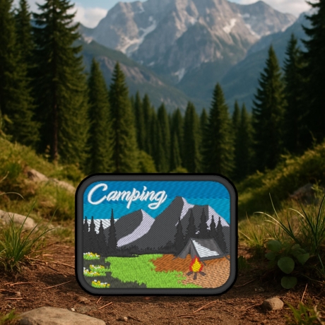 Camping Aufnäher 10 cm, Outdoor Berge und Natur Motiv, zum aufbügeln