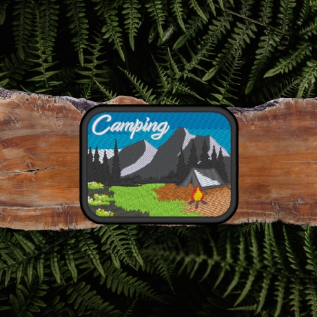 Camping Aufnäher 10 cm, Outdoor Berge und Natur Motiv, zum aufbügeln