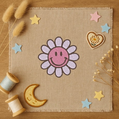 Happy Face Aufnäher | Smiley Blume Aufnäher – Retro Daisy | 6 cm Zierstickerei