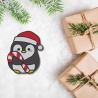 Weihnachtsaufnäher | Pinguin mit Zuckerstange | Gestickte Winter-Applikation - zum Aufbügeln / mit Klettverschluss