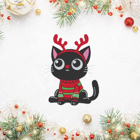 Weihnachtlicher Katzen Aufnäher – Schwarze Katze mit Rentiergeweih, ca. 8cm, bestickt, zum aufbügeln