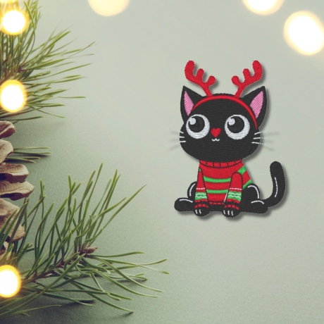 Weihnachtlicher Katzen Aufnäher – Schwarze Katze mit Rentiergeweih, ca. 8cm, bestickt, zum aufbügeln