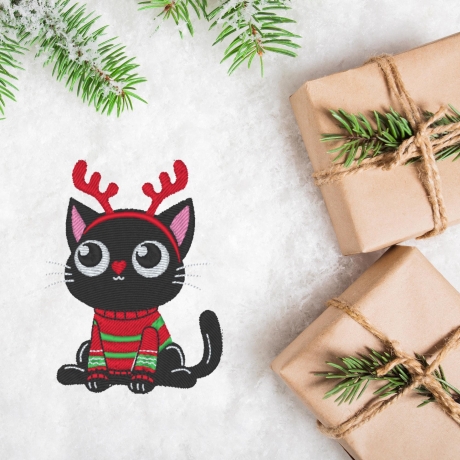 Weihnachtlicher Katzen Aufnäher – Schwarze Katze mit Rentiergeweih, ca. 8cm, bestickt, zum aufbügeln