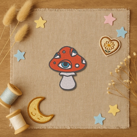 Augen Pilz Aufnäher – Psychedelic Mushroom Aufnäher | 6 cm Zierband | Rot & Weiß