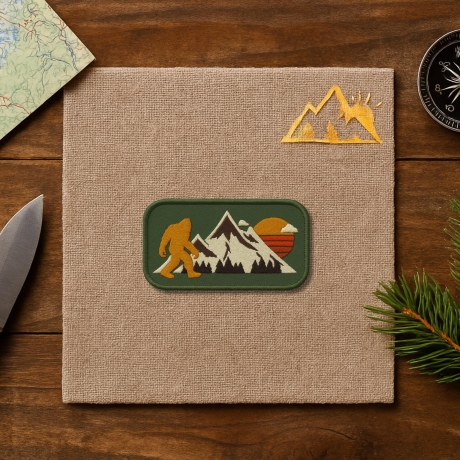 Outdoor Patch – Berglandschaft & Sonnenuntergang – Big Foot, Abenteuer, Cryptid, Wanderlust, Grün, Gelb