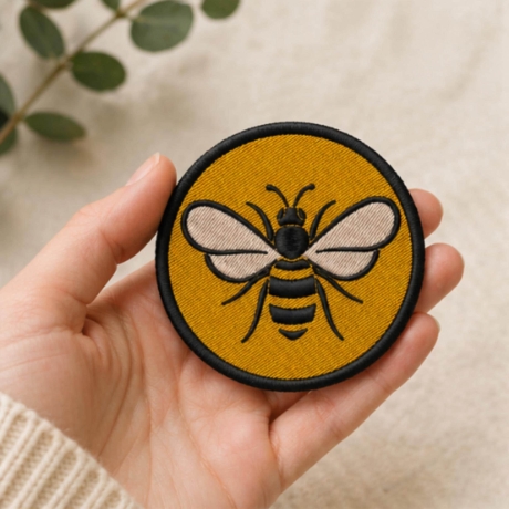 Bestickter Bienen Aufnäher, 9 cm rund, gelb schwarz, Klett oder Bügelbild