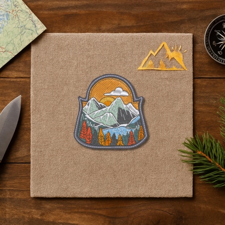 Berge Aufnäher – bestickter Outdoor Aufnäher mit Sonnenuntergang, Herbstwald, Bergsilhouette, multicolor