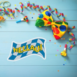 Fasching Aufnäher Hellau mit Bayerischer Flagge, Faschingskostüm Stickerei, 10 cm, Blau & Weiß