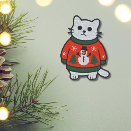 Weihnachtskatze Aufnäher | 8cm | Bügelbild | Kätzchen im Weihnachtspulli