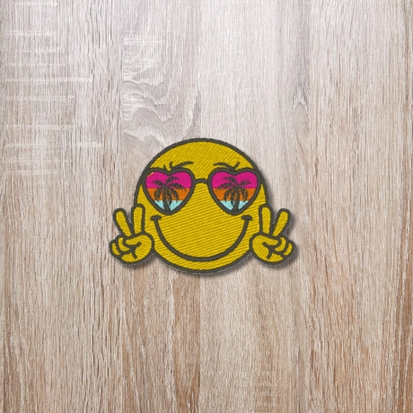 Retro Aufnäher | Gestickter Peace Smiley | 70s Sonnenbrille, Palmen (7 cm)