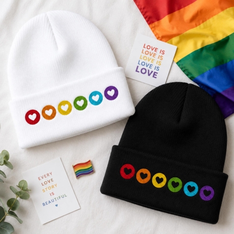 Regenbogen Beanie mit Herz Stickerei | Pride Mütze 