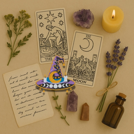 Hexenhut Aufnäher: Mondphasen, Sterne, Kerzen (8 cm), schwarz & violett