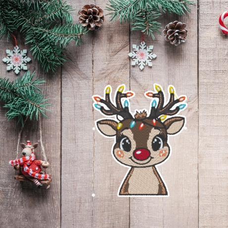 Weihnachten Aufnäher | Gesticktes Rentier mit Lichtern - 7,5 cm - Urlaub aufbügelbare Applikation