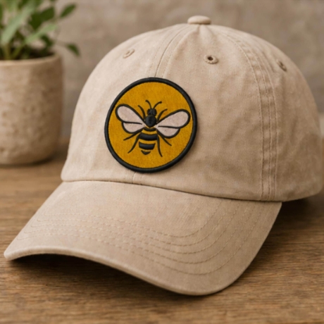 Bestickter Bienen Aufnäher, 9 cm rund, gelb schwarz, Klett oder Bügelbild