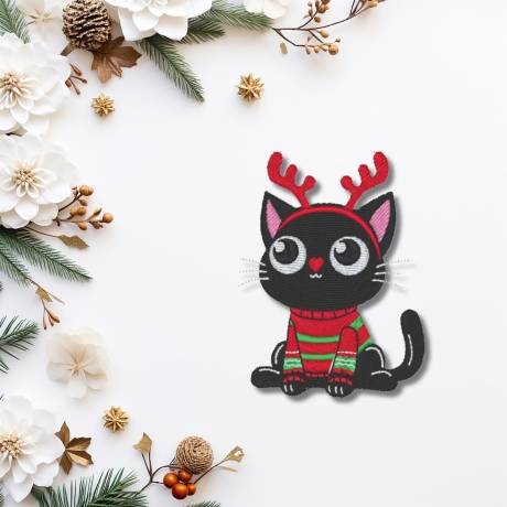 Weihnachtlicher Katzen Aufnäher – Schwarze Katze mit Rentiergeweih, ca. 8cm, bestickt, zum aufbügeln