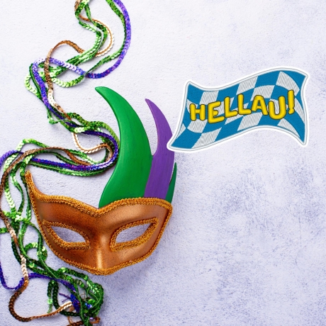 Fasching Aufnäher Hellau mit Bayerischer Flagge, Faschingskostüm Stickerei, 10 cm, Blau & Weiß