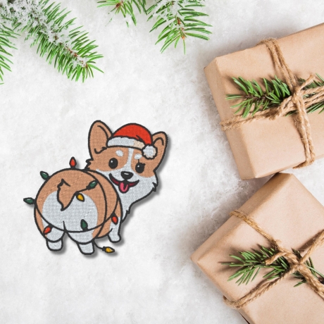 Weihnachtliche Patch Corgis Gestickte Aufnäher | Lustiger Hund mit Lichtern (7 cm)