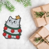 Weihnachtskatze Aufnäher – Lustiger Katzen Aufnäher mit Weihnachtskugeln, ca. 8 cm, bestickt, weiß