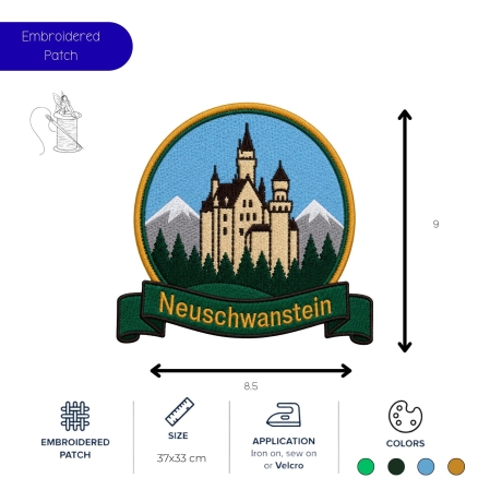 Neuschwanstein Aufnäher | Deutschland Reise Aufnäher | Schloss Neuschwanstein Stickpatch | Bayern Souvenir Aufnäher | Wander & Travel-Abzeichen