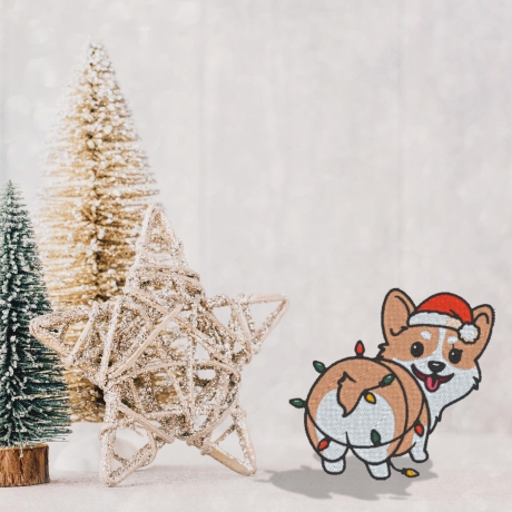 Weihnachtliche Patch Corgis Gestickte Aufnäher | Lustiger Hund mit Lichtern (7 cm)