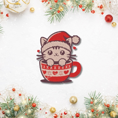 Weihnachten Flicken Katze im Becher Gestickte Applikation - Aufbügeln oder Aufnähen (7 cm)