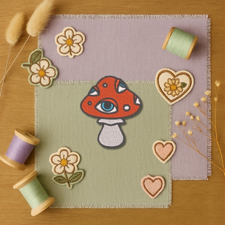 Augen Pilz Aufnäher – Psychedelic Mushroom Aufnäher | 6 cm Zierband | Rot & Weiß