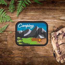 Camping Aufnäher 10 cm, Outdoor Berge und Natur Motiv, zum aufbügeln