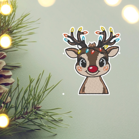 Weihnachten Aufnäher | Gesticktes Rentier mit Lichtern - 7,5 cm - Urlaub aufbügelbare Applikation