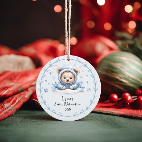 Personalisierte Weihnachtskugel Baby, Erstes Weihnachten 2025, Bär Design, 7 cm, Individuell mit Name, Blau