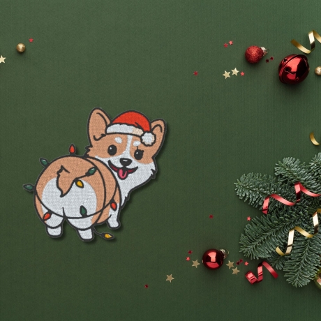 Weihnachtliche Patch Corgis Gestickte Aufnäher | Lustiger Hund mit Lichtern (7 cm)