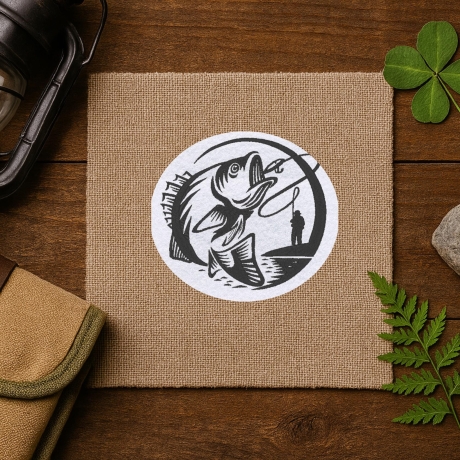 Angeln Aufnäher: Angler & Fisch, gestickt, zum Aufbügeln (8 cm)