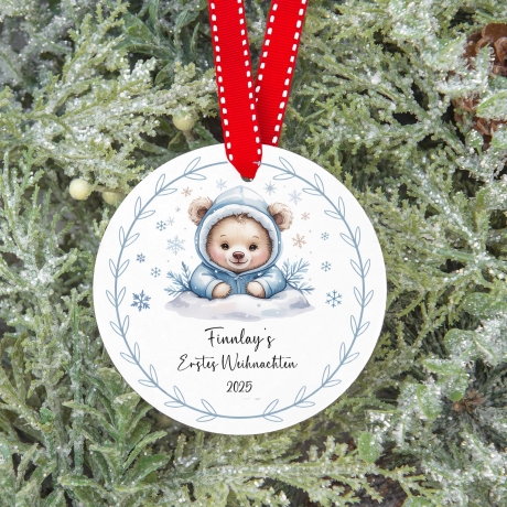 Personalisierte Weihnachtskugel Baby, Erstes Weihnachten 2025, Bär Design, 7 cm, Individuell mit Name, Blau