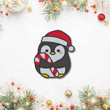 Weihnachtsaufnäher | Pinguin mit Zuckerstange | Gestickte Winter-Applikation - zum Aufbügeln / mit Klettverschluss