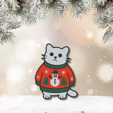 Weihnachtskatze Aufnäher | 8cm | Bügelbild | Kätzchen im Weihnachtspulli