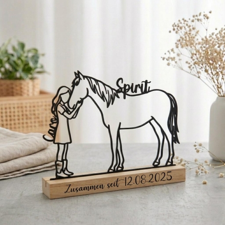 Personalisiertes Pferd Line Art 3D Druck mit Namen Reiterin Geschenkidee Pferdebesitzer Deko Holzsockel Geschenk Reiterhof Mädchen Frau