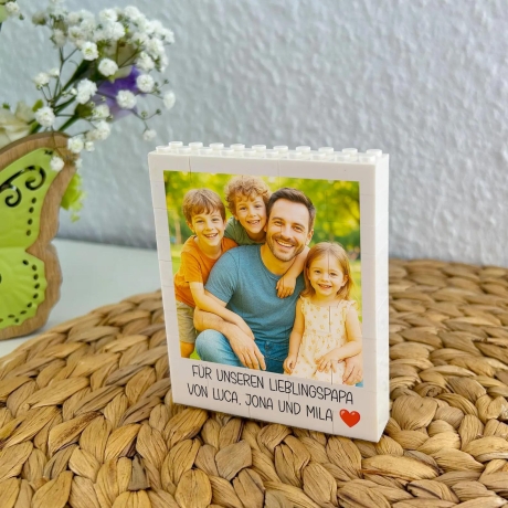 Personalisierter Fotoblock aus Klemmbausteinen mit eigenem Bild 