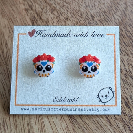 Ohrstecker Dia de los muertos Skelett mit Blumen für Halloween
