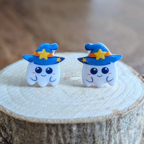 Halloween Ohrstecker Geist mit Hexenhut in blau, lila oder grün