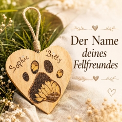 Personalisiertes Holzherz mit Pfotenabdruck und Sonnenblume – Erinnerung an dein Haustier | Brandmalerei auf Holz I Handgemacht