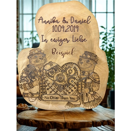 Personalisierbares Geschenk aus Teakholz zum Jahrestag – Steampunk Otter mit Herz |  27 × 30 cm | Brandmalerei auf Holz | Pyrografie Unikat
