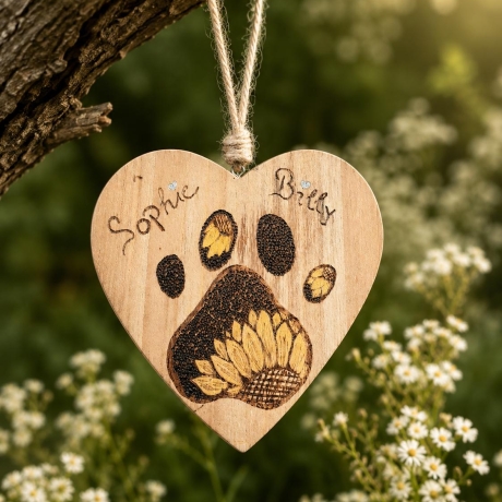 Personalisiertes Holzherz mit Pfotenabdruck und Sonnenblume – Erinnerung an dein Haustier | Brandmalerei auf Holz I Handgemacht