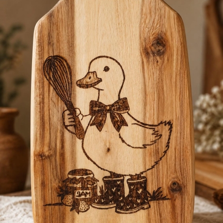 Holzbrett mit Gans und Schneebesen – handgebranntes Schneidbrett aus Holz, rustikale Küchendeko, süßes Geschenk, Bauernhof Deko