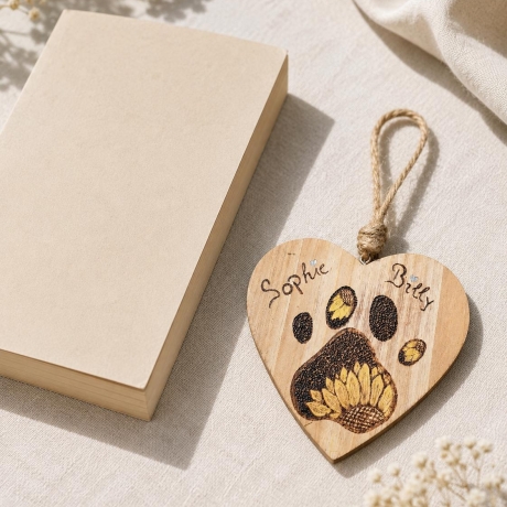 Personalisiertes Holzherz mit Pfotenabdruck und Sonnenblume – Erinnerung an dein Haustier | Brandmalerei auf Holz I Handgemacht