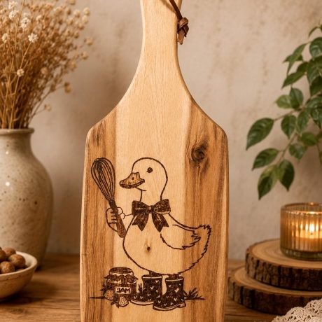 Holzbrett mit Gans und Schneebesen – handgebranntes Schneidbrett aus Holz, rustikale Küchendeko, süßes Geschenk, Bauernhof Deko