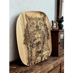 Fantasy Wanddeko I Deko aus Teakholz handgemacht – Mystisches Wolfs- Fantasymotiv auf massivem Holz 25,5 × 19 cm