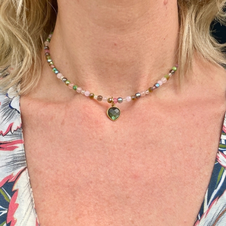Kette Labradorit Rosenquarz Türkis mit Edelsteinkette
