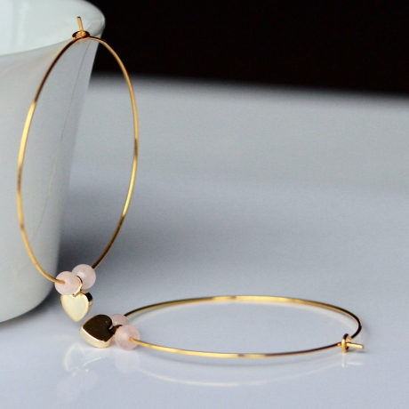Creolen Rosenquarz Herz feine Perlen Ohrringe mit Edelsteinen als romantisches Geschenk für Sie ein geometrisch moderner Ohrring