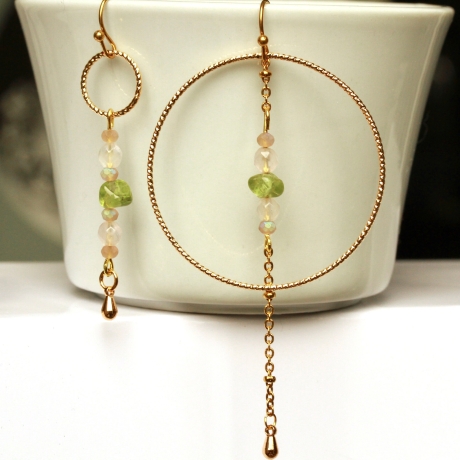 Ohrringe Edelsteine Gold Peridot Rohstein mit Rosenquarz Perlen