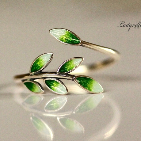 Silber Ring Blätter / Ast Landlust emailliert / Geschenk für Sie 